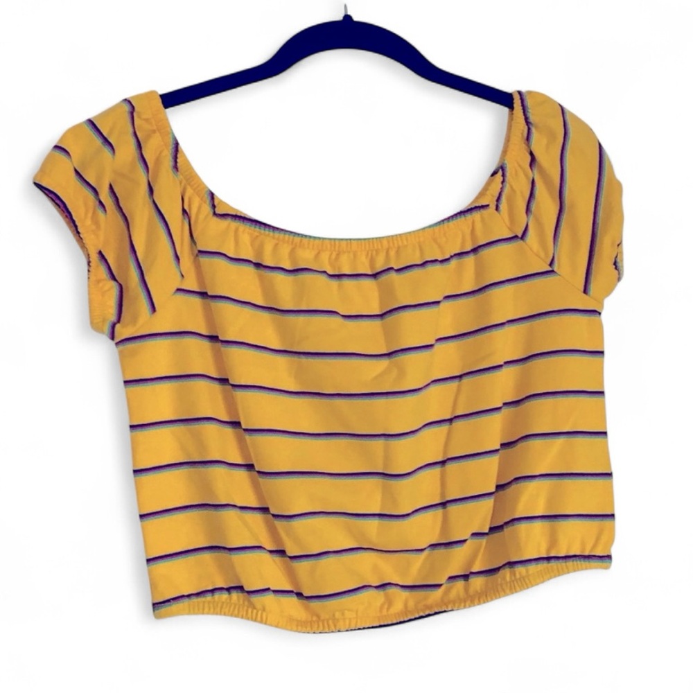 Tilly’s Good Luck Gem Yellow Striped Short Sleeve Crop Top Elastic Bottom Large